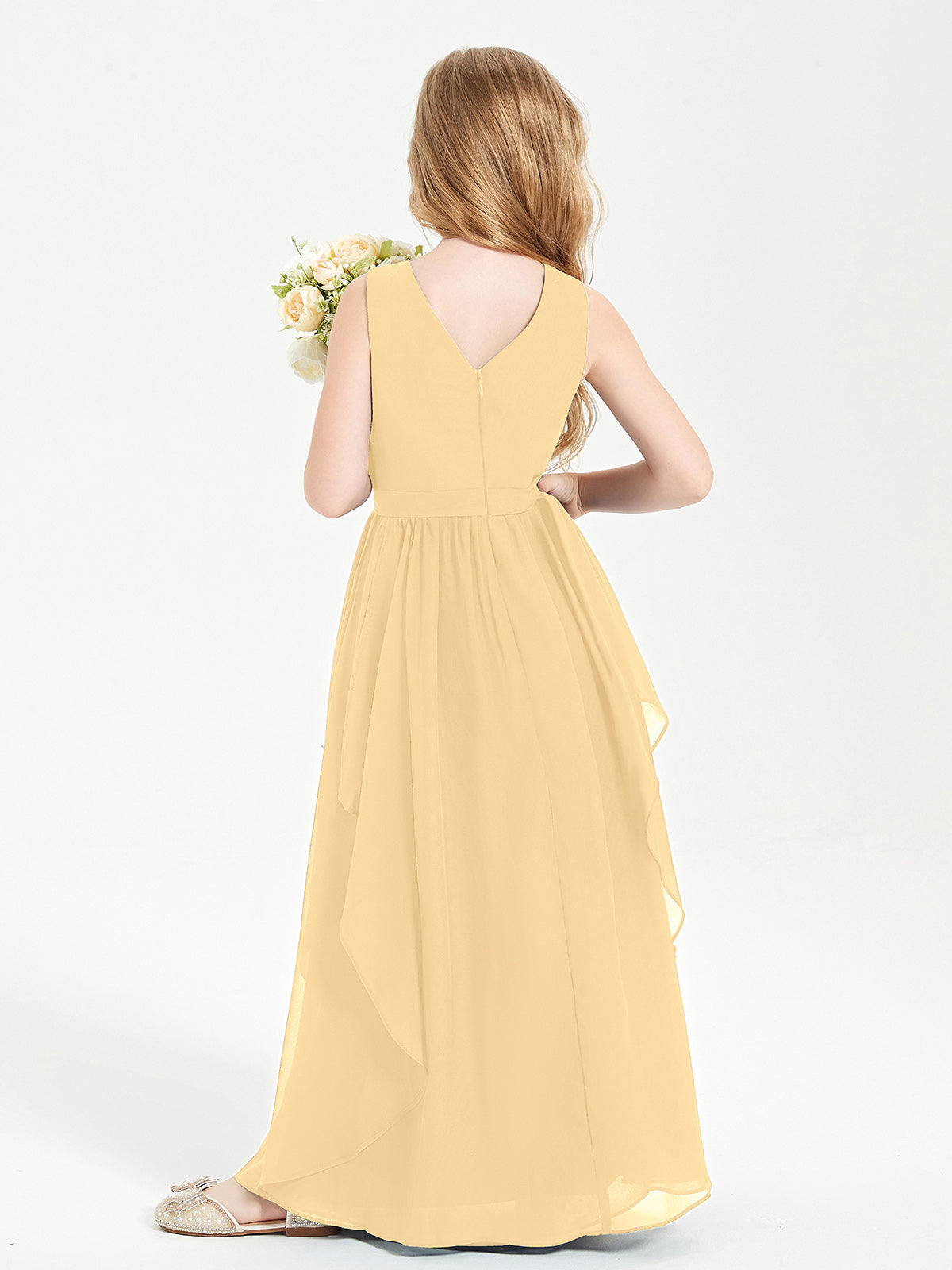 Boho Sleeveless Junior Chiffon Bridesmaids Gown Gold